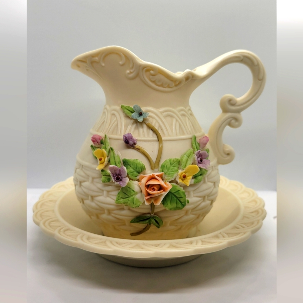 Vintage Small Antique Ivory Lefton Water Pitcher & Bowl